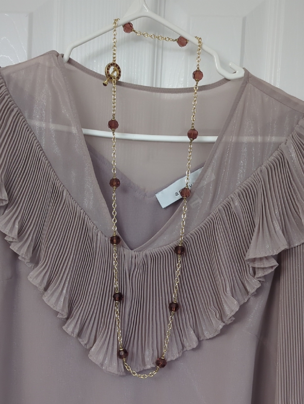 Adelyn Rae Pleated Ruffle V-Neck Blouse - Taupe - Picture 8 of 9